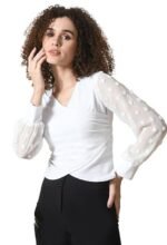 Women's V-Neck Full Sleeve Crop Top White