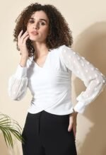 Women's V-Neck Full Sleeve Crop Top White - Image 3