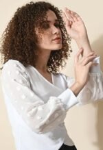 Women's V-Neck Full Sleeve Crop Top White - Image 2