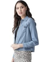Women Blue Solid Denim Jacket - Image 2