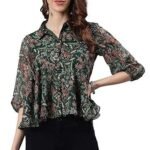Women's Green Poly Georgette Floral Print Regular Top
