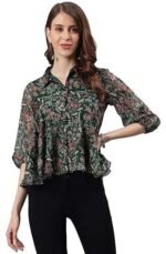 Women's Green Poly Georgette Floral Print Regular Top