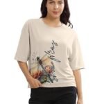 Beige Printed Loose Fit Crew-Neck Crop T-Shirt for Women