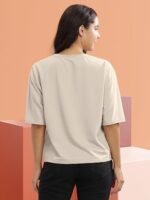 Beige Printed Loose Fit Crew-Neck Crop T-Shirt for Women - Image 4