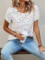 Women's Twill Polka Dot White Printed Half Sleeves Tops for Women - Image 2