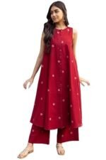 Women's Cotton Printed Maroon Hand-Print Kurta Set|A-Line Kurta With Palazzo|Co-Ord Set|Ethnic & Stylish Two Piece Dress|Casual & Office Wear Coord Set