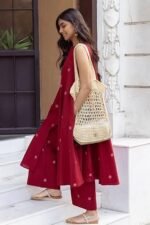 Women's Cotton Printed Maroon Hand-Print Kurta Set|A-Line Kurta With Palazzo|Co-Ord Set|Ethnic & Stylish Two Piece Dress|Casual & Office Wear Coord Set - Image 2