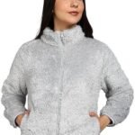 Women’s Fluffy Yarn Fleece Full-Zip Jacket | Soft Lightweight Warm Outerwear with Stand Collar & Piping at Hem & Cuffs