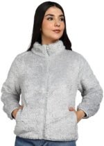 Women’s Fluffy Yarn Fleece Full-Zip Jacket | Soft Lightweight Warm Outerwear with Stand Collar & Piping at Hem & Cuffs