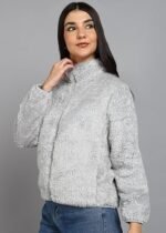 Women’s Fluffy Yarn Fleece Full-Zip Jacket | Soft Lightweight Warm Outerwear with Stand Collar & Piping at Hem & Cuffs - Image 2