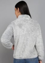 Women’s Fluffy Yarn Fleece Full-Zip Jacket | Soft Lightweight Warm Outerwear with Stand Collar & Piping at Hem & Cuffs - Image 3