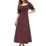 Women's Solid A-Line Ruched Puff Sleeve Maxi Long Evening One Piece Long Dress for Women Stylish (Dress 131)