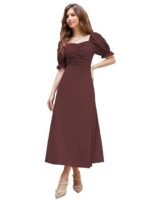 Women's Solid A-Line Ruched Puff Sleeve Maxi Long Evening One Piece Long Dress for Women Stylish (Dress 131)