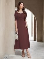 Women's Solid A-Line Ruched Puff Sleeve Maxi Long Evening One Piece Long Dress for Women Stylish (Dress 131) - Image 3