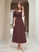Women's Solid A-Line Ruched Puff Sleeve Maxi Long Evening One Piece Long Dress for Women Stylish (Dress 131) - Image 2