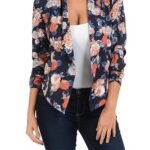 Womens Floral Casual Lightweight 3/4 Sleeve Fitted Open Blazer