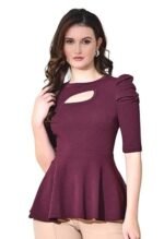 Black Solid Women's Casual Stylish Peplum Top with Puffed Sleeves