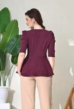 Black Solid Women's Casual Stylish Peplum Top with Puffed Sleeves - Image 2