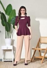 Black Solid Women's Casual Stylish Peplum Top with Puffed Sleeves - Image 3