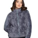 Women’s Fluffy Yarn Fleece Full-Zip Jacket | Soft Lightweight Warm Outerwear with Stand Collar & Piping at Hem & Cuffs