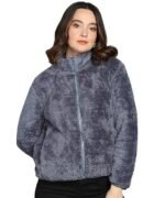 Women’s Fluffy Yarn Fleece Full-Zip Jacket | Soft Lightweight Warm Outerwear with Stand Collar & Piping at Hem & Cuffs