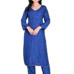 Women’s Blue Muslin Chikankari Kurta Set with Pajama | Hand-Embroidered Lucknow Chikan Work | Elegant Ethnic Wear | Festive Long Kurti Set