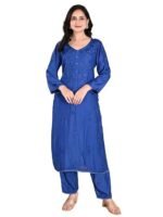 Women’s Blue Muslin Chikankari Kurta Set with Pajama | Hand-Embroidered Lucknow Chikan Work | Elegant Ethnic Wear | Festive Long Kurti Set