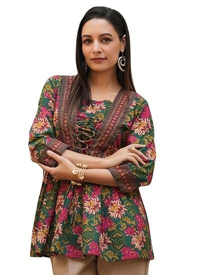 k1-2-4.jpg Women's Rayon Paisley Printed Tunic Western Tops Short Kurti – Comfortable Everyday Wear & Half Sleeves, Collar Neck - Image 1