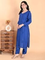 Women’s Blue Muslin Chikankari Kurta Set with Pajama | Hand-Embroidered Lucknow Chikan Work | Elegant Ethnic Wear | Festive Long Kurti Set - Image 4
