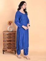 Women’s Blue Muslin Chikankari Kurta Set with Pajama | Hand-Embroidered Lucknow Chikan Work | Elegant Ethnic Wear | Festive Long Kurti Set - Image 3