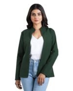 Women's Plain Butter Crepe Blazer | Versatile Polyester Jacket Everyday to Special Occasions | All-Season Dark Green Jacket with Round Collar, Full Sleeves, Regular Fit