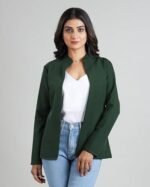 Women's Plain Butter Crepe Blazer | Versatile Polyester Jacket Everyday to Special Occasions | All-Season Dark Green Jacket with Round Collar, Full Sleeves, Regular Fit - Image 2