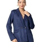 Women's Solid Polyester Double Breasted Blazer with Button Closure - Full Sleeve, Notch Lapel Collar, Viscose-Suiting Fabric, Core Collection, Made in India Blue