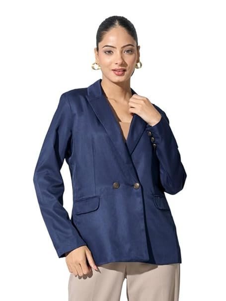 mm1-2-2.jpg Women's Solid Polyester Double Breasted Blazer with Button Closure - Full Sleeve, Notch Lapel Collar, Viscose-Suiting Fabric, Core Collection, Made in India Blue - Image 1
