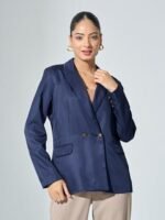 Women's Solid Polyester Double Breasted Blazer with Button Closure - Full Sleeve, Notch Lapel Collar, Viscose-Suiting Fabric, Core Collection, Made in India Blue - Image 3