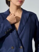 Women's Solid Polyester Double Breasted Blazer with Button Closure - Full Sleeve, Notch Lapel Collar, Viscose-Suiting Fabric, Core Collection, Made in India Blue - Image 4