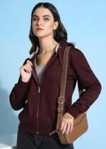 Women's Solid Zipper Hooded Sweatshirt | Front Zip, Ribbed Hem, Lined Hood, Casual Winter Wear - Image 2