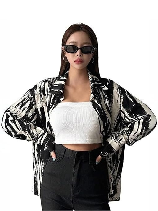 qq1-2-2.jpg Women's Rayon Oversized Fit Crop Top Korean Style Long Sleeve Oversized Button Down | Workwear Top for Office & Casual Wear - Image 1