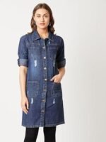 Women's Polycotton Women Collared Full Sleeves Patch Pocket Denim Knee-Length Standard Length Jacket - Image 4