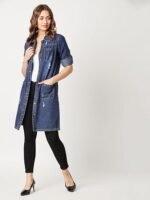 Women's Polycotton Women Collared Full Sleeves Patch Pocket Denim Knee-Length Standard Length Jacket - Image 5