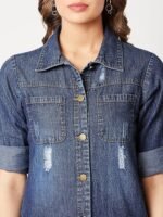 Women's Polycotton Women Collared Full Sleeves Patch Pocket Denim Knee-Length Standard Length Jacket - Image 2