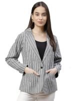 Women Grey & White Striped Single Breasted Blazer