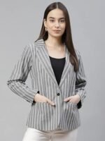 Women Grey & White Striped Single Breasted Blazer - Image 4