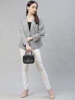 Women Grey & White Striped Single Breasted Blazer - Image 3