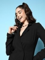 Women Solid V-Neck Crepe Button-Up Straight Hem Mini Blazer Dress - Image 2