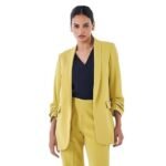 Spunky-Chartreuse Yellow Ruched Sleeve Blazer