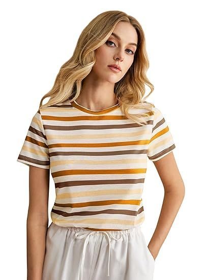 uu1-2-2.jpg Tops for Woman | Spandex Top | T-Shirt | Tshirt | Western | for Jeans | Short Sleeve | Stretchable | Striped Printed - Image 1