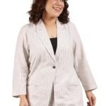 Women's Plus Size White Pine Striped Linen Formal Blazer (Blazer 003 WHTSTRP)