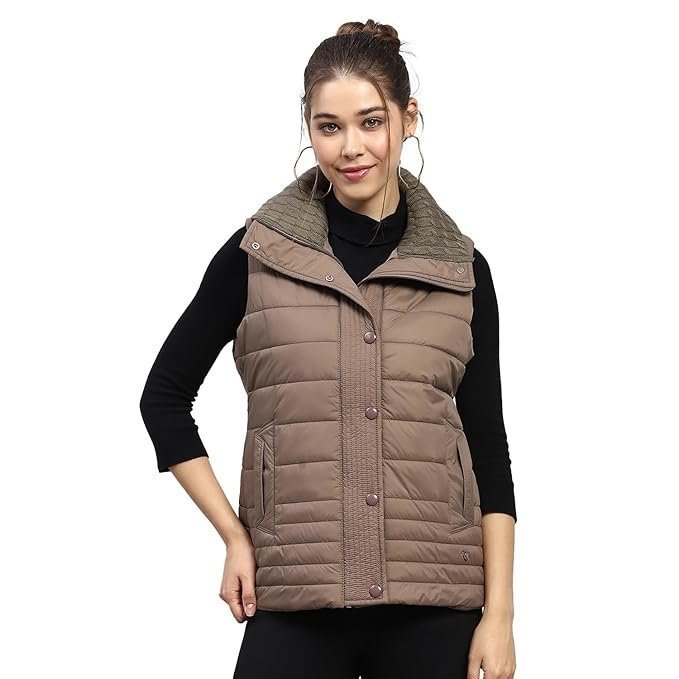 w1-5-2.jpg Womens Solid Brown Collar Sleeveless Jacket - Image 1