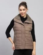 Womens Solid Brown Collar Sleeveless Jacket - Image 4